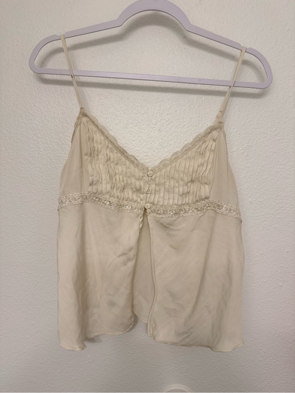 Cream Lace Trim Boho Feminine Silk-Look Camisole with Front Slit L